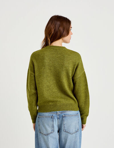 Pull col rond manches longues vert fonc&eacute; femme
