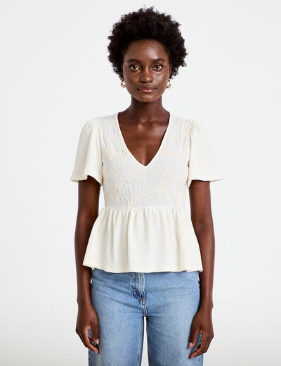 Blouse cintr&eacute;e col v manches courtes ecru femme
