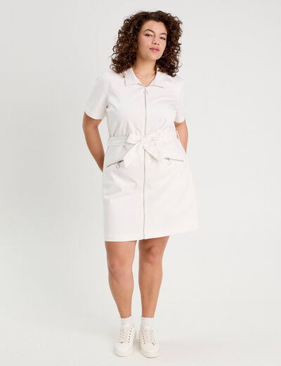 Robe droite zippée ceinturée ecru femme