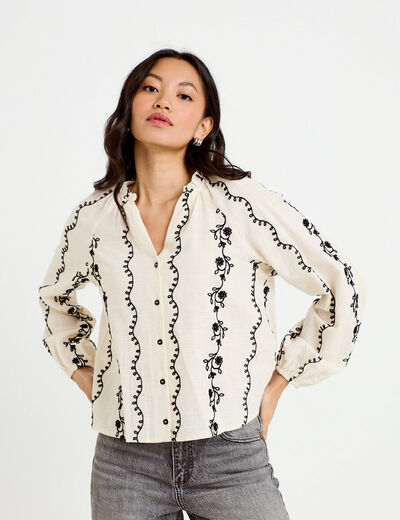 Blouse droite col am&eacute;ricain broderie blanc femme