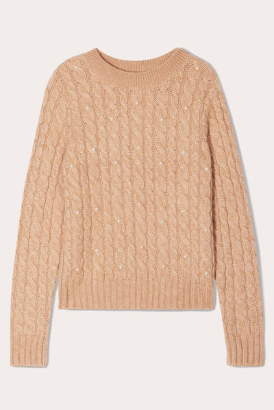 Pull avec torsades et perles beige femme
