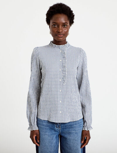 Chemise droite manches longues bleu fonc&eacute; femme