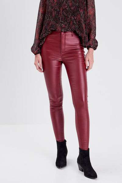 Pantalon skinny enduit bordeaux femme