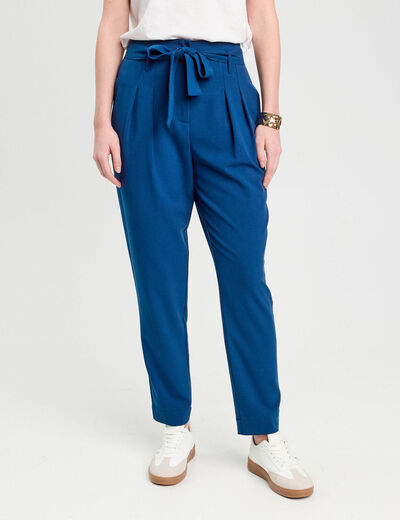 Pantalon paperbag fluide bleu marine femme