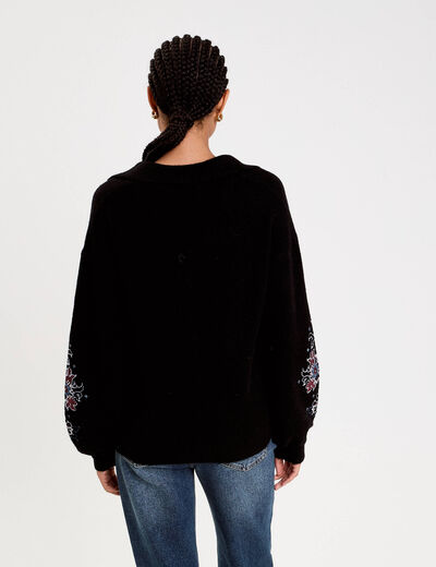 Pull brod&eacute; manches longues noir femme