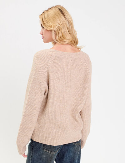 Pull avec col en V beige femme