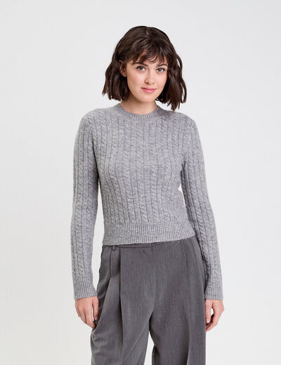 Pull ajusté col rond manches longues gris foncé femme