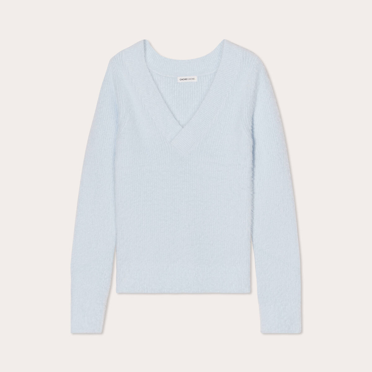 Pull manches longues col en V bleu pastel femme