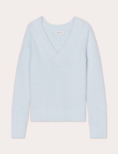 Pull manches longues col en V bleu pastel femme
