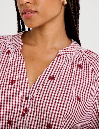 Blouse vichy brod&eacute;e rouge femme