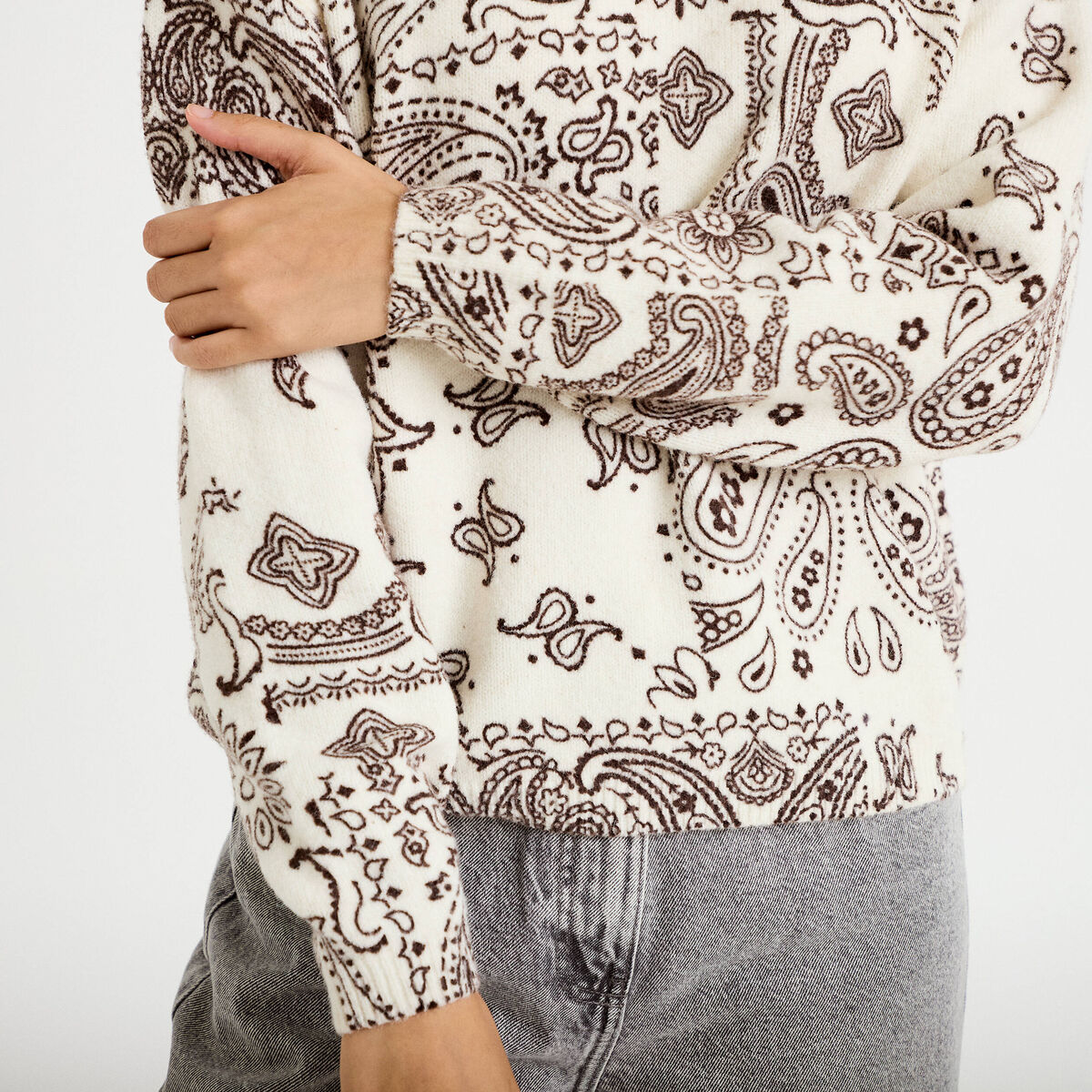 Pull col rond manches longues ecru femme
