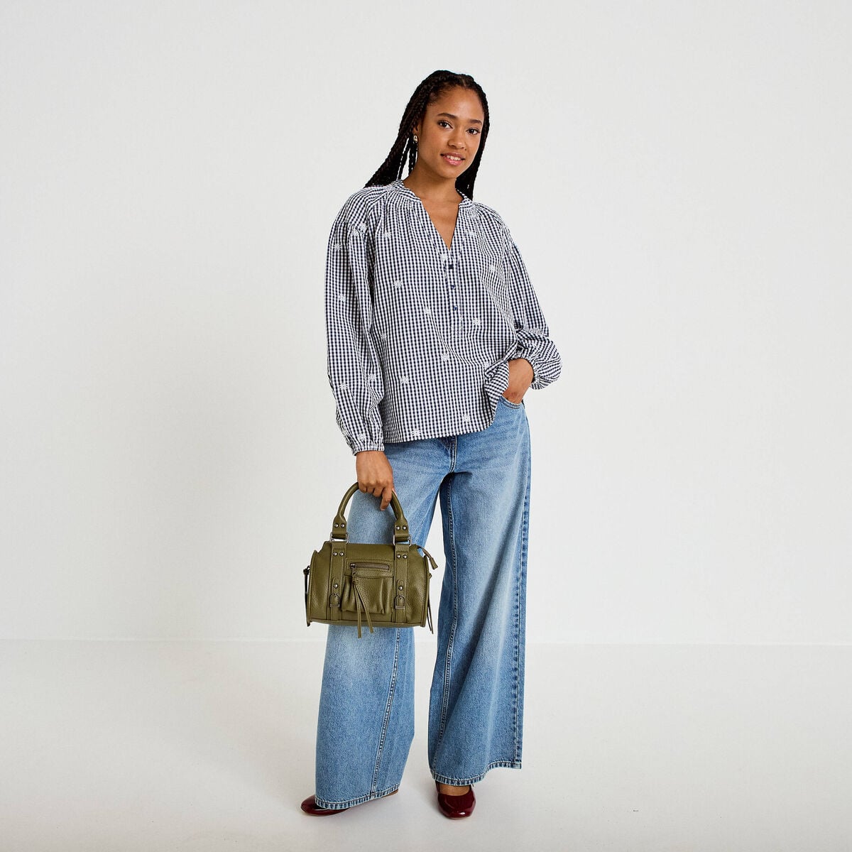 Blouse vichy brod&eacute;e bleu femme