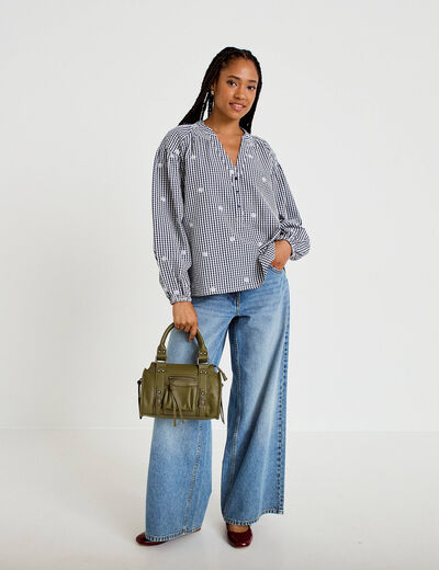 Blouse vichy brod&eacute;e bleu femme