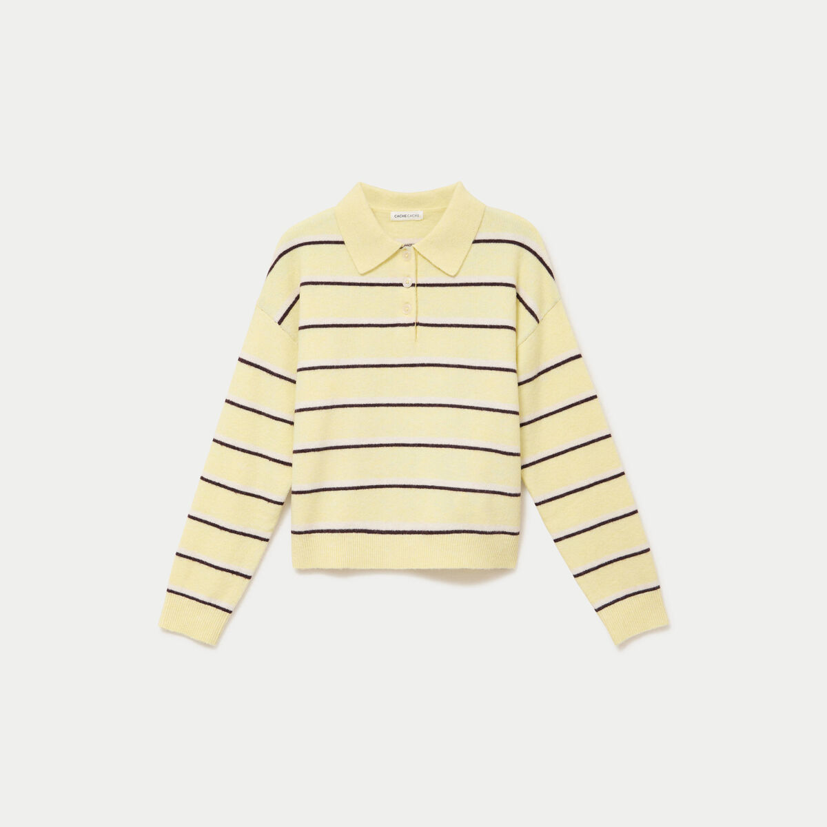 Polo manches longues col chemise jaune clair femme