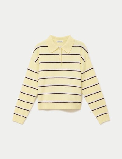 Polo manches longues col chemise jaune clair femme
