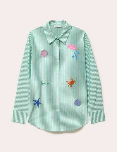 Chemise ray&eacute;e broderies fantaisie vert clair femme