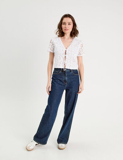 T-shirt noué dentelle guipure blanc femme