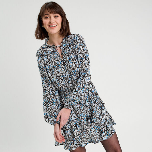 Robe évasée volantée noir femme