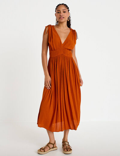 Robe midi &eacute;vas&eacute;e d&eacute;collet&eacute; sans manches orange fonc&eacute; femme