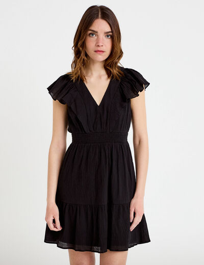 Robe courte &eacute;vas&eacute;e col v manches courtes noir femme