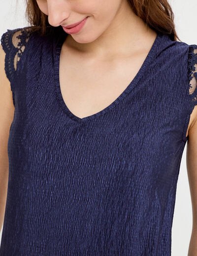 Blouse sans manches pliss&eacute;e bleu marine femme