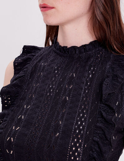 Blouse brodée avec volants noir femme