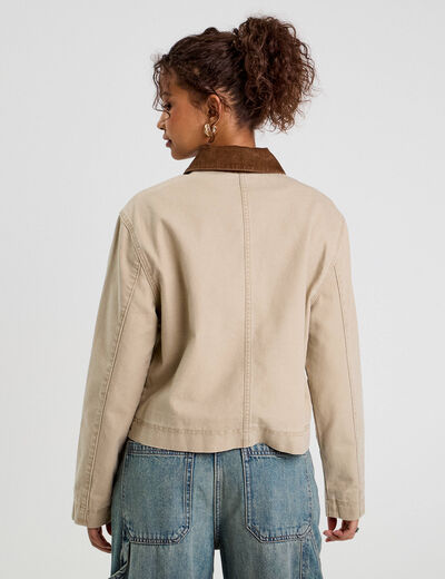 Veste zippée col effet velours beige fonce femme