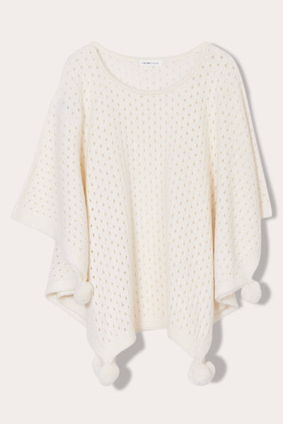 Cape avec pompons ecru femme