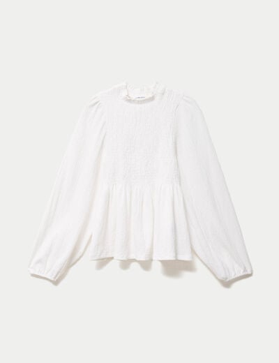 Blouse p&eacute;plum manches longues pliss&eacute;e ecru femme