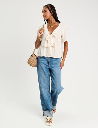 Blouse manches courtes noeuds ecru femme