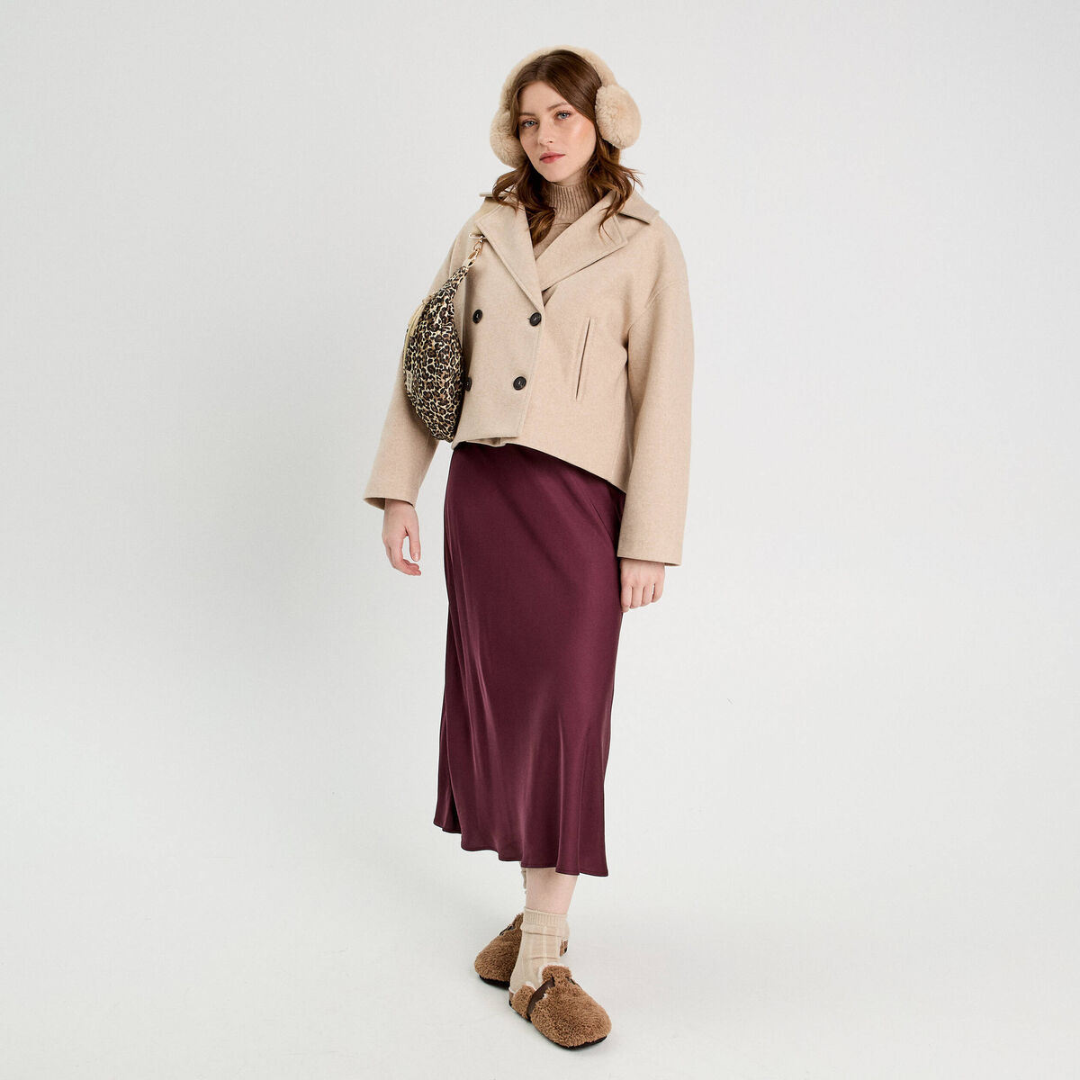 Caban court boutonné beige femme