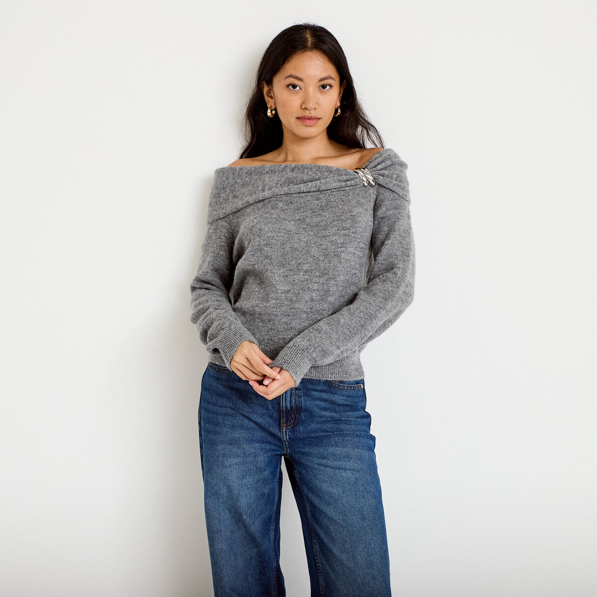 Pull col bardot manches longues gris femme