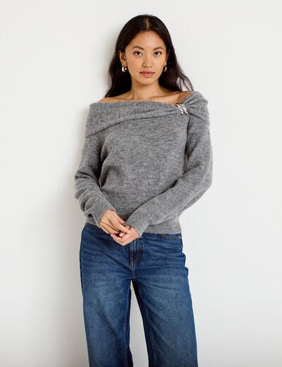 Pull col bardot manches longues gris femme