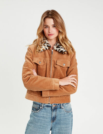 Veste velours col amovible camel femme