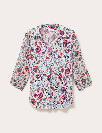 Blouse col v manches longues en voile ecru femme