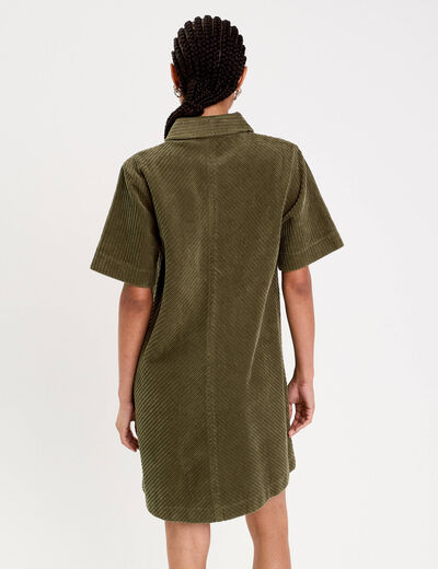 Robe courte droite en velours coton vert kaki femme