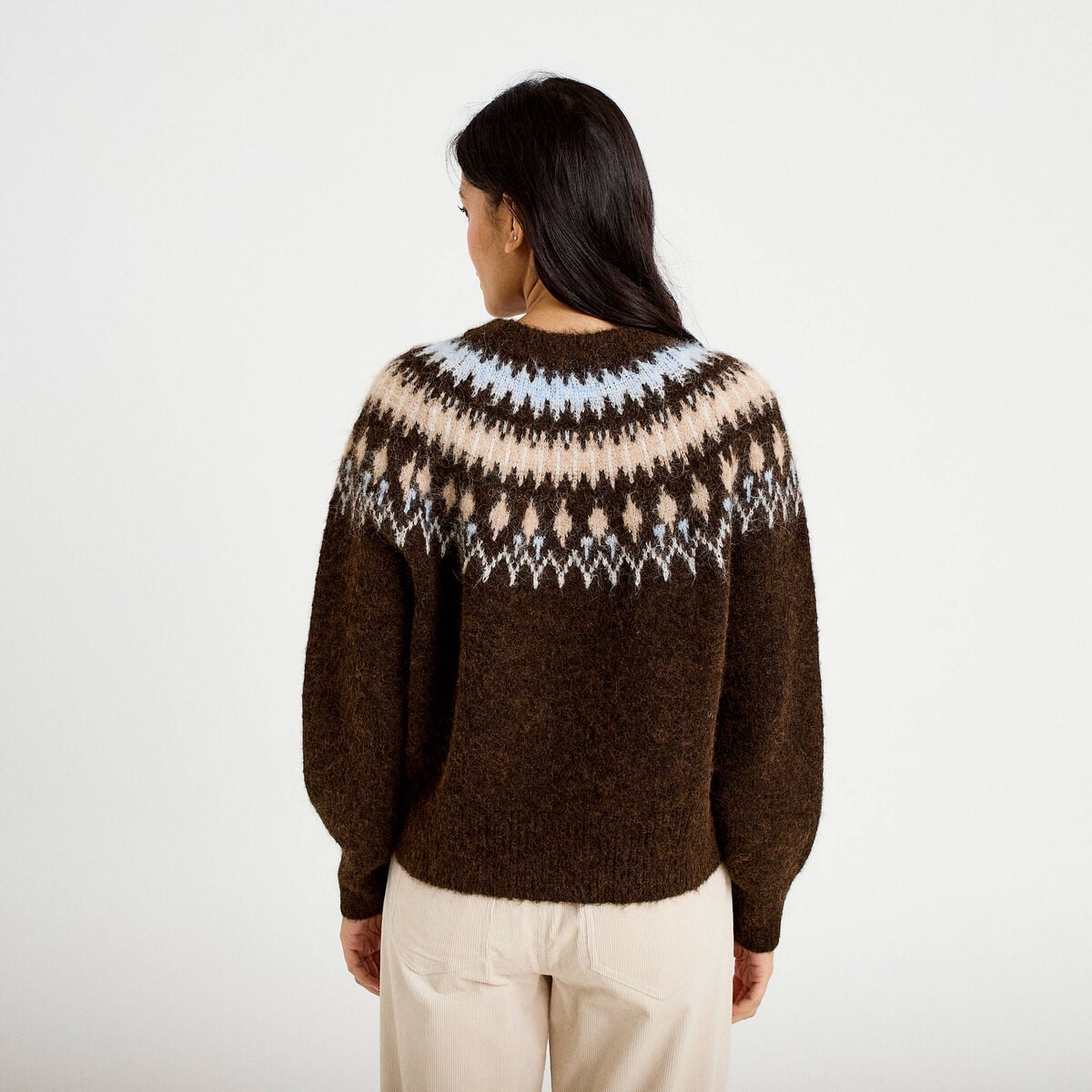 Pull col rond manches longues marron fonc&eacute; femme