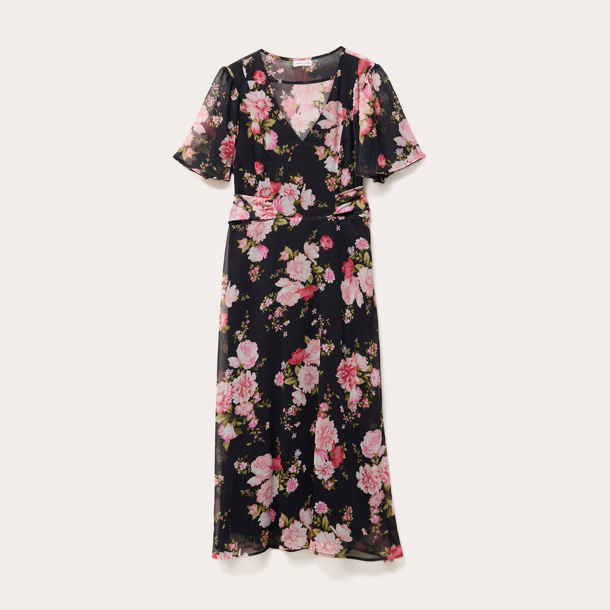 Robe midi évasée col en V noir femme