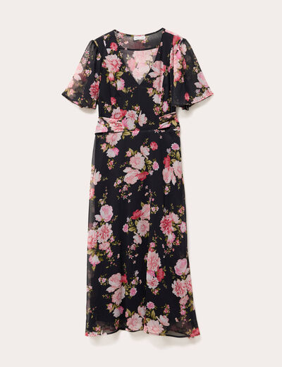 Robe midi évasée col en V noir femme