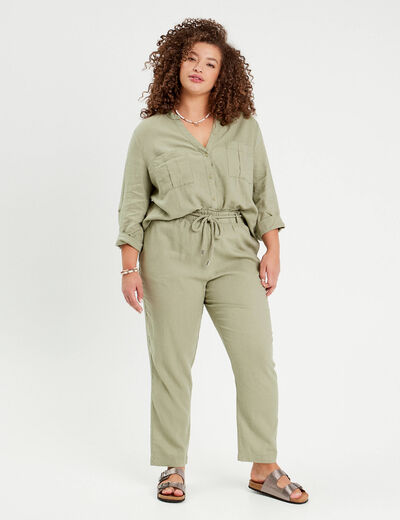 Pantalon droit fluide contenant du lin vert kaki femme