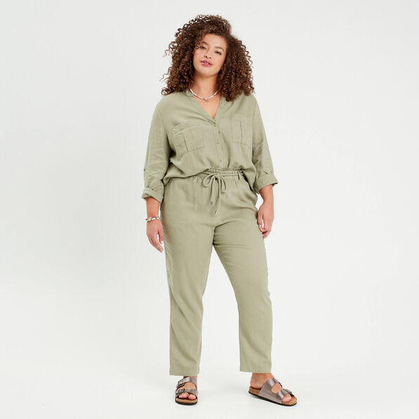 Pantalon droit fluide contenant du lin vert kaki femme