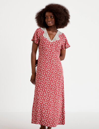 Robe longue &eacute;vas&eacute;e col v dentelle terracotta femme