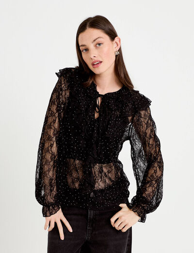 Blouse dentelle manches longues noir femme