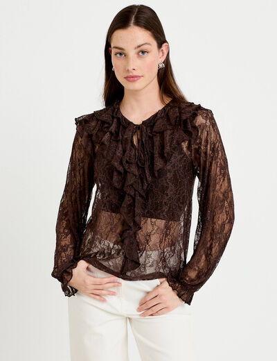Blouse dentelle manches longues marron fonc&eacute; femme
