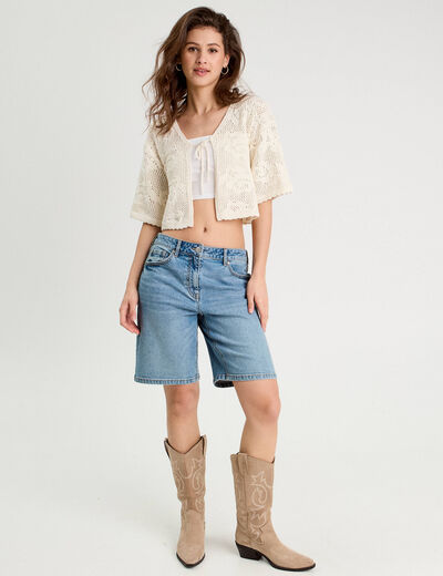 Gilet ajouré manches 3/4 ecru femme