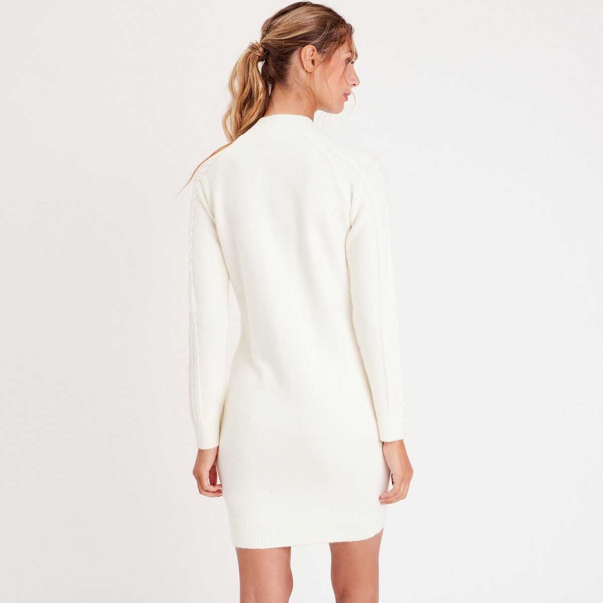 Robe pull droite torsades ecru femme