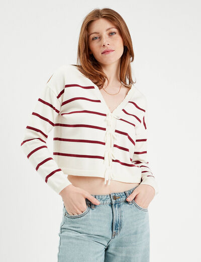 Pull avec petit noeud rouge foncé femme