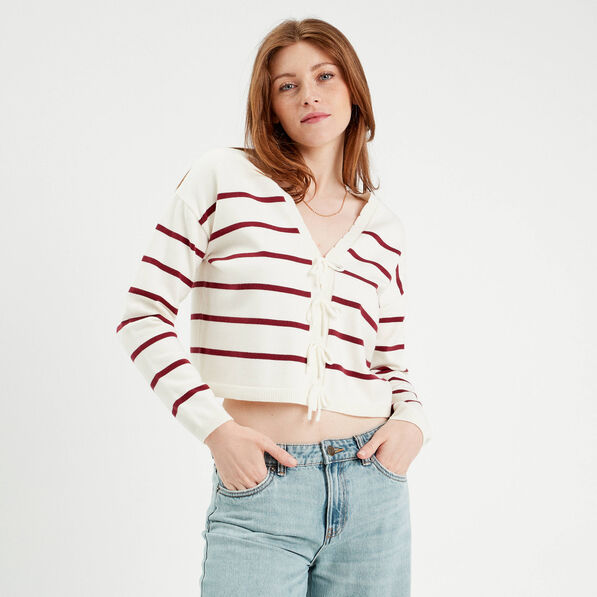 Pull avec petit noeud rouge foncé femme