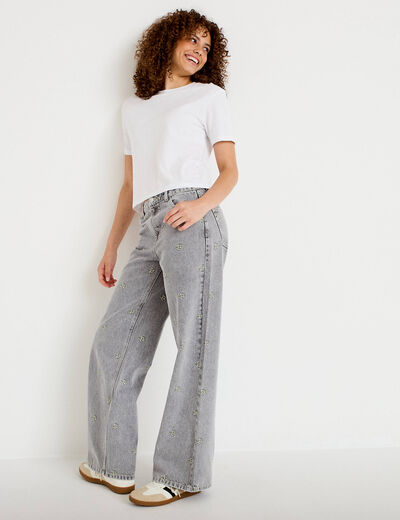 Jean wide leg broderie taille haute denim gris femme