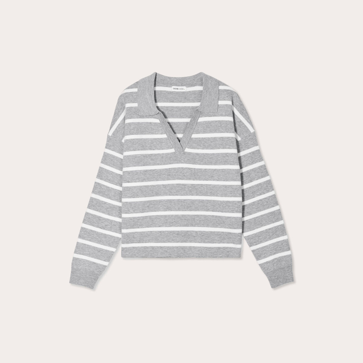 Pull manches longues col polo gris clair femme
